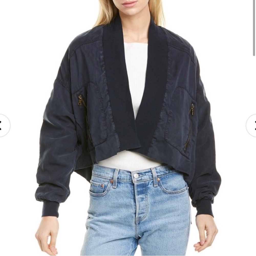 Young Fabulous and Broke Fara Jacket Convertible Crop Bomber Navy Blue